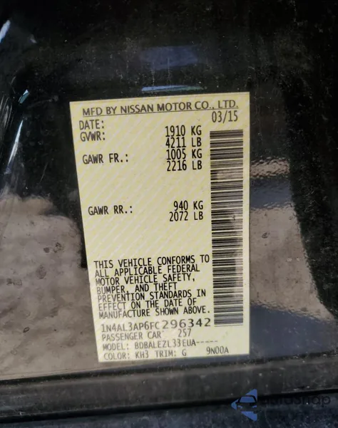 2015 Nissan Altima 2.5 from USA, damaged, VIN 1N4AL3AP6FC296342